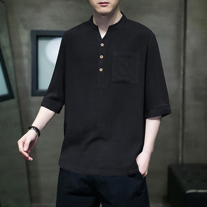 Buddha Stones Camisas de manga corta para hombre de estilo Tang casual de verano con cuello mandarín y bolsillo de parche. - image 8
