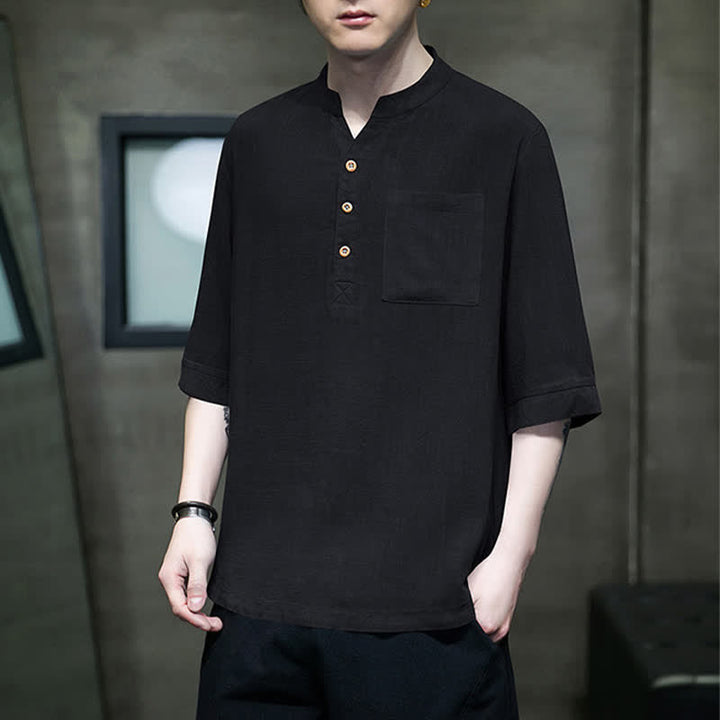 Buddha Stones Camisas de manga corta para hombre de estilo Tang casual de verano con cuello mandarín y bolsillo de parche. - image 9