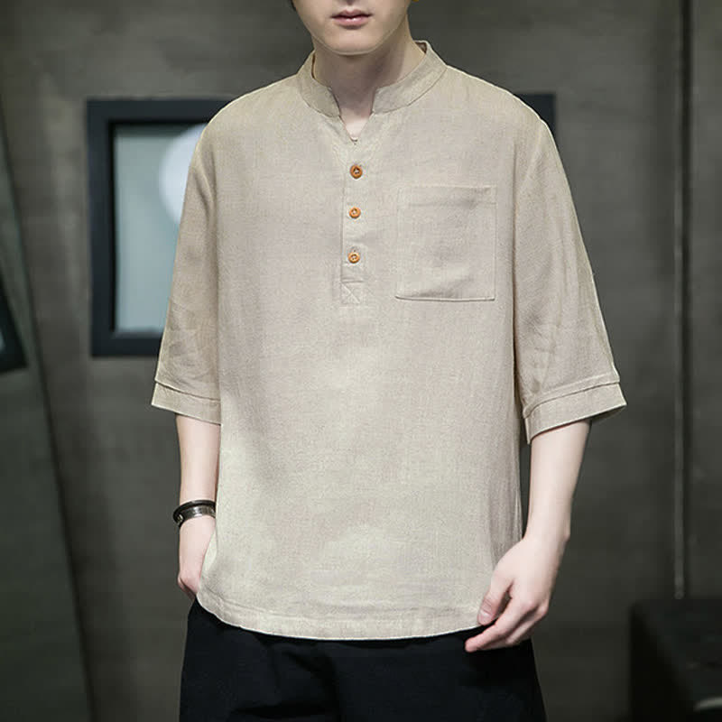 Buddha Stones Camisas de manga corta para hombre de estilo Tang casual de verano con cuello mandarín y bolsillo de parche. - image 14
