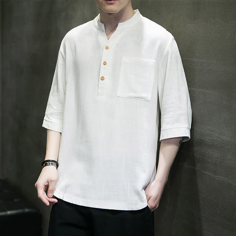 Buddha Stones Camisas de manga corta para hombre de estilo Tang casual de verano con cuello mandarín y bolsillo de parche. - image 5