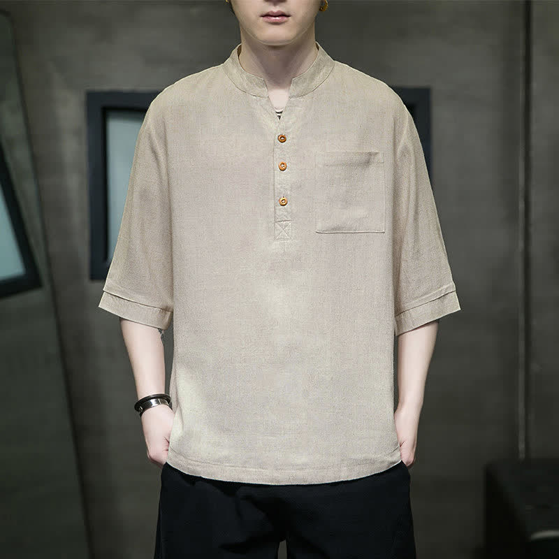 Buddha Stones Camisas de manga corta para hombre de estilo Tang casual de verano con cuello mandarín y bolsillo de parche. - image 15