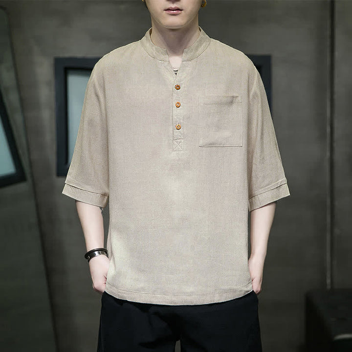 Buddha Stones Camisas de manga corta para hombre de estilo Tang casual de verano con cuello mandarín y bolsillo de parche. - image 15