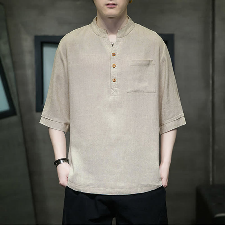 Buddha Stones Camisas de manga corta para hombre de estilo Tang casual de verano con cuello mandarín y bolsillo de parche. - Burlywood - US/UK/AU46, EU56 (5XL) - image 12