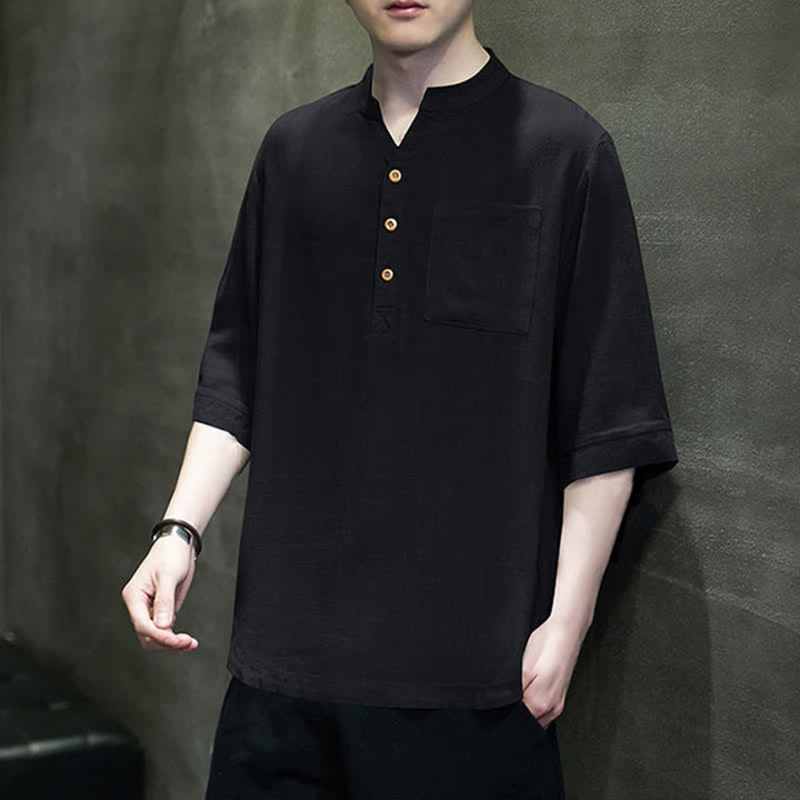 Buddha Stones Camisas de manga corta para hombre de estilo Tang casual de verano con cuello mandarín y bolsillo de parche. - image 10
