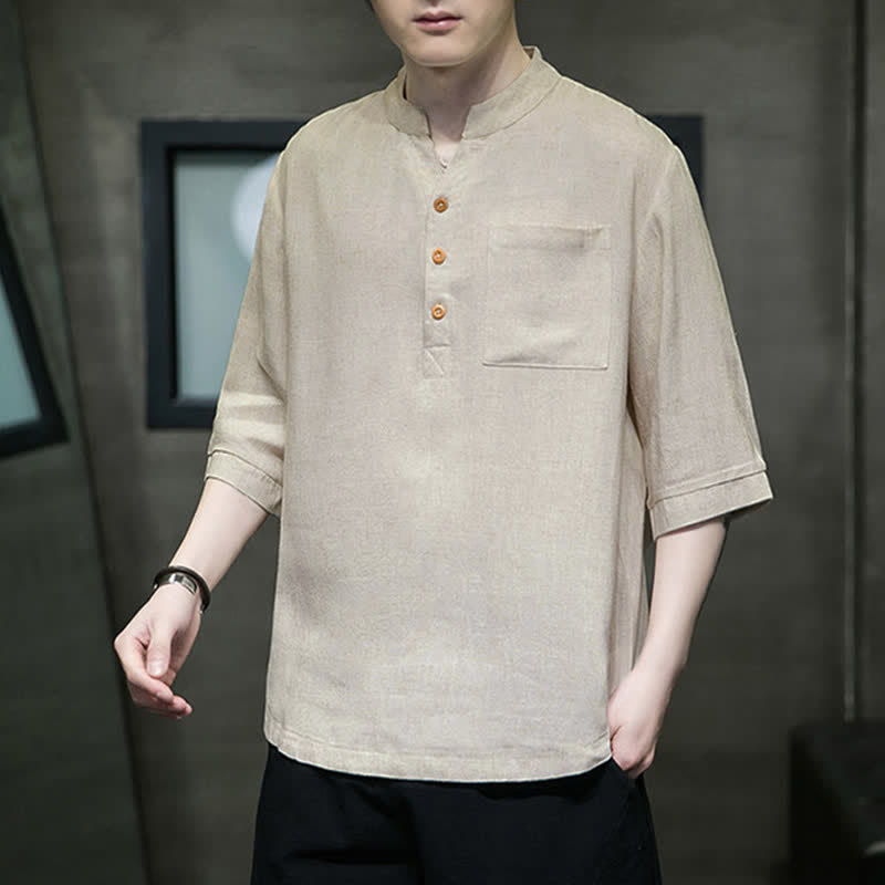 Buddha Stones Camisas de manga corta para hombre de estilo Tang casual de verano con cuello mandarín y bolsillo de parche. - image 16