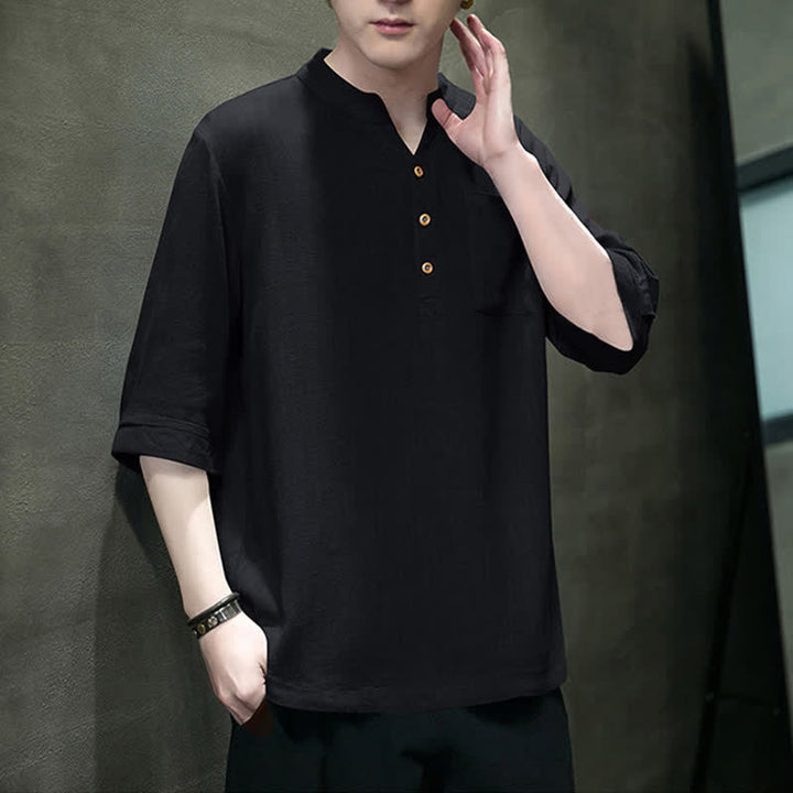 Buddha Stones Camisas de manga corta para hombre de estilo Tang casual de verano con cuello mandarín y bolsillo de parche. - image 7
