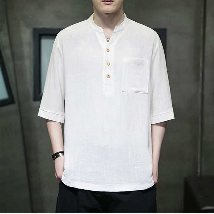 Buddha Stones Camisas de manga corta para hombre de estilo Tang casual de verano con cuello mandarín y bolsillo de parche. - image 3