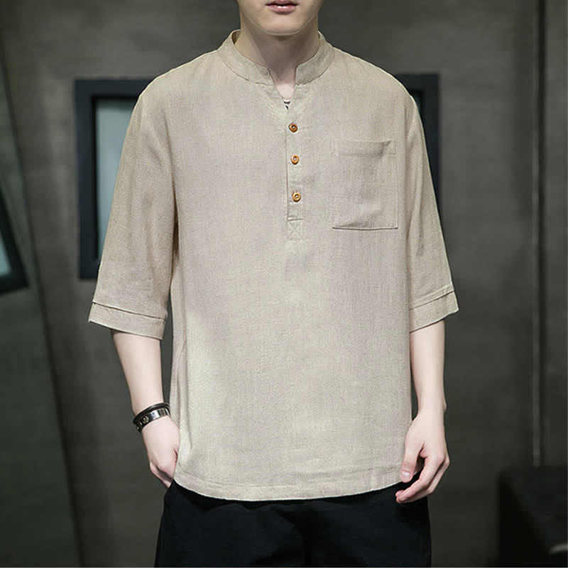 Buddha Stones Camisas de manga corta para hombre de estilo Tang casual de verano con cuello mandarín y bolsillo de parche. - image 17