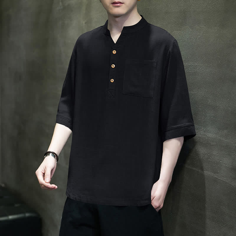 Buddha Stones Camisas de manga corta para hombre de estilo Tang casual de verano con cuello mandarín y bolsillo de parche. - image 11