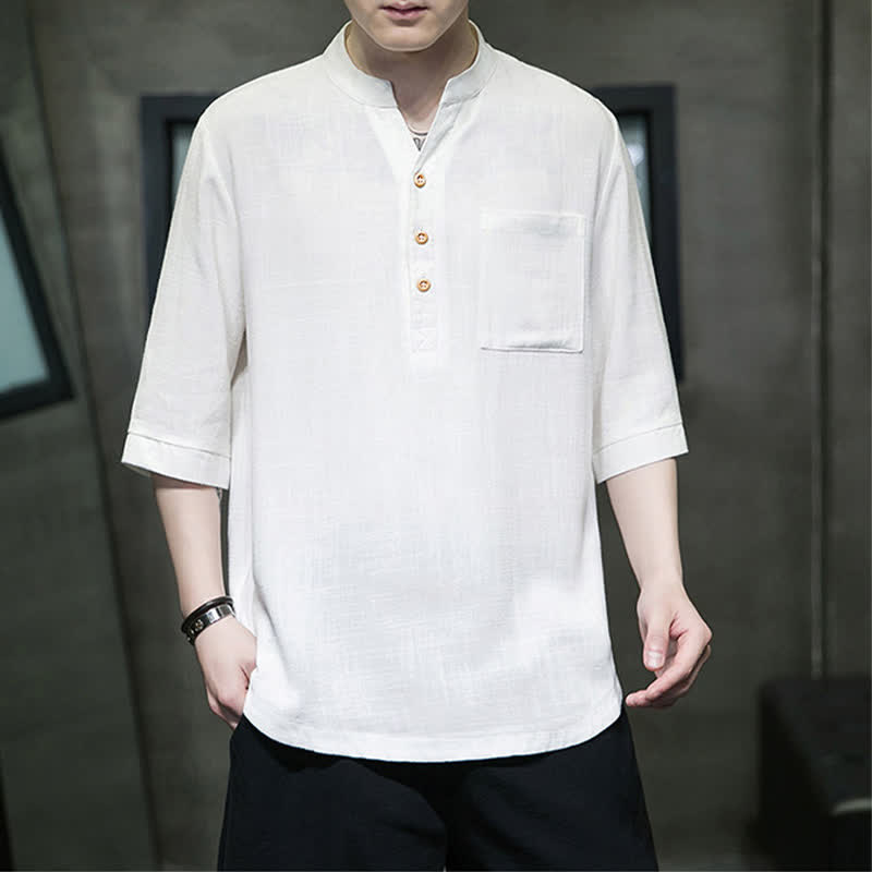 Buddha Stones Camisas de manga corta para hombre de estilo Tang casual de verano con cuello mandarín y bolsillo de parche. - image 4