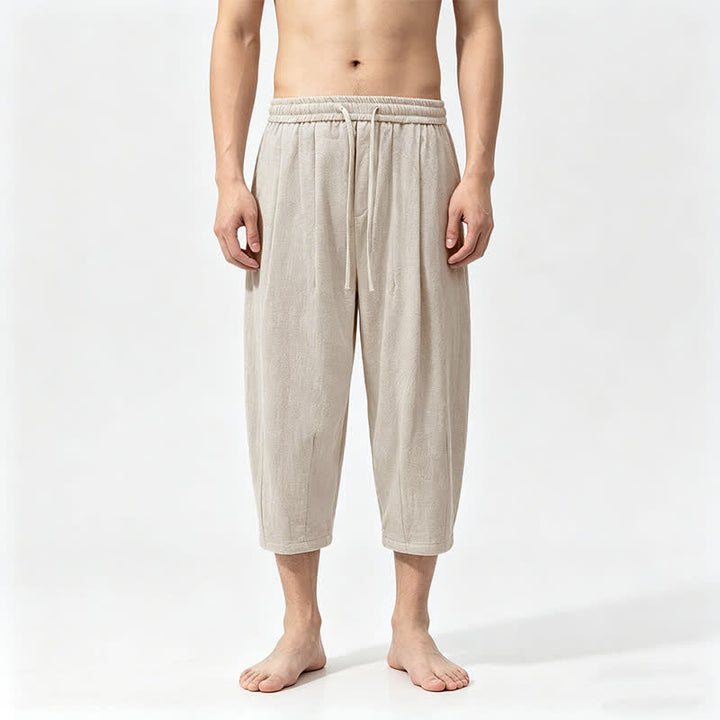 Buddha Stones Pantalones capri de algodón liso con cordón ajustable, estilo harem, para hombre, con bolsillos, ideales para el verano. - Beige - US/UK/AU46, EU56 (5XL) - image 3