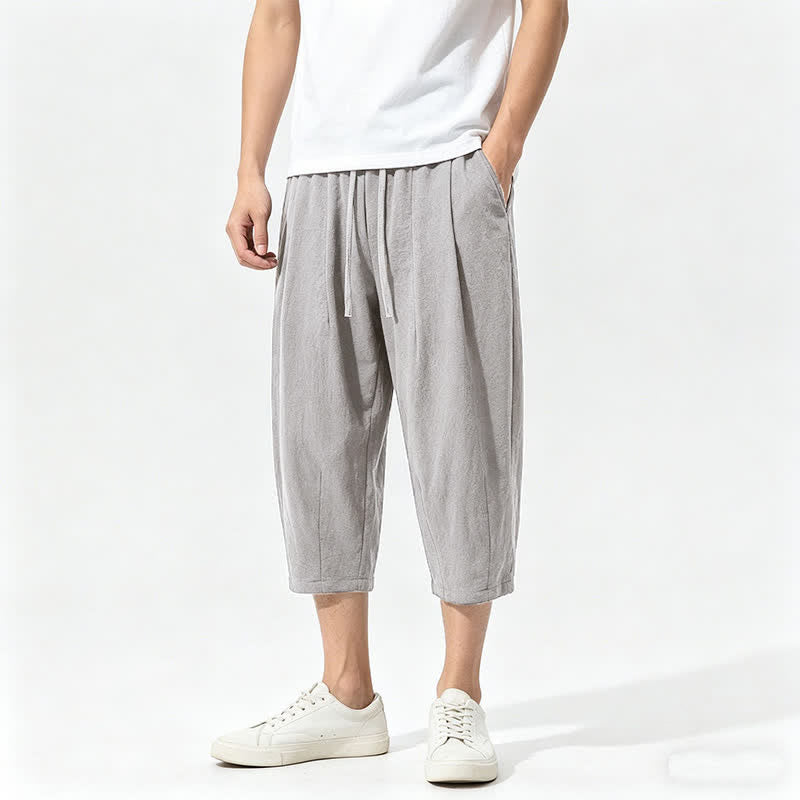 Buddha Stones Pantalones capri de algodón liso con cordón ajustable, estilo harem, para hombre, con bolsillos, ideales para el verano. - Plata - US/UK/AU46, EU56 (5XL) - image 0