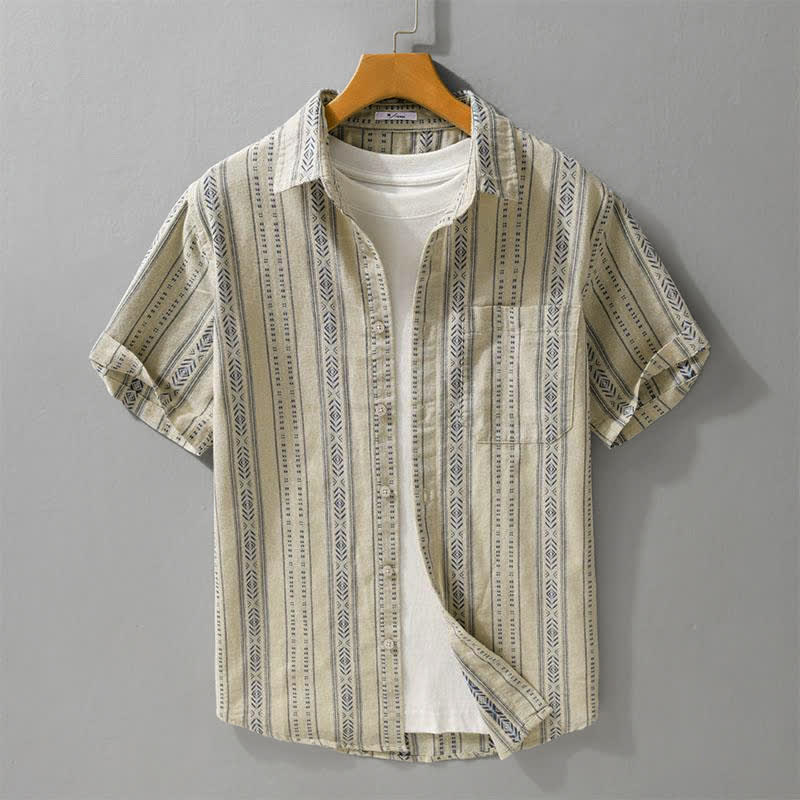 Buddha Stones Camisa de manga corta para hombre, estilo casual de verano, clásica, abotonada, a rayas, con bolsillo de parche. - Broncearse - US/UK/AU42, EU52 (3XL) - image 7