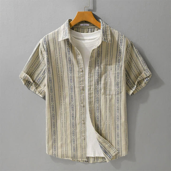 Buddha Stones Camisa de manga corta para hombre, estilo casual de verano, clásica, abotonada, a rayas, con bolsillo de parche. - Broncearse - US/UK/AU42, EU52 (3XL) - image 7