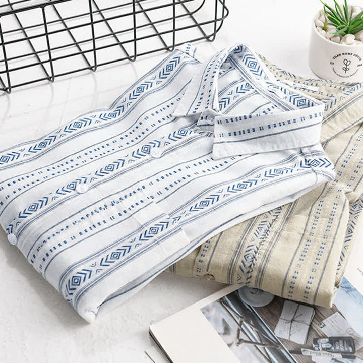 Buddha Stones Camisa de manga corta para hombre, estilo casual de verano, clásica, abotonada, a rayas, con bolsillo de parche. - image 12