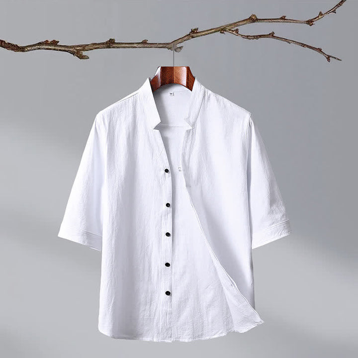 Buddha Stones Camisa de manga corta para hombre de algodón liso con cuello mandarín y botones, estilo Summer Tang. - Blanco - US/UK/AU50, EU60 (7XL) - image 14