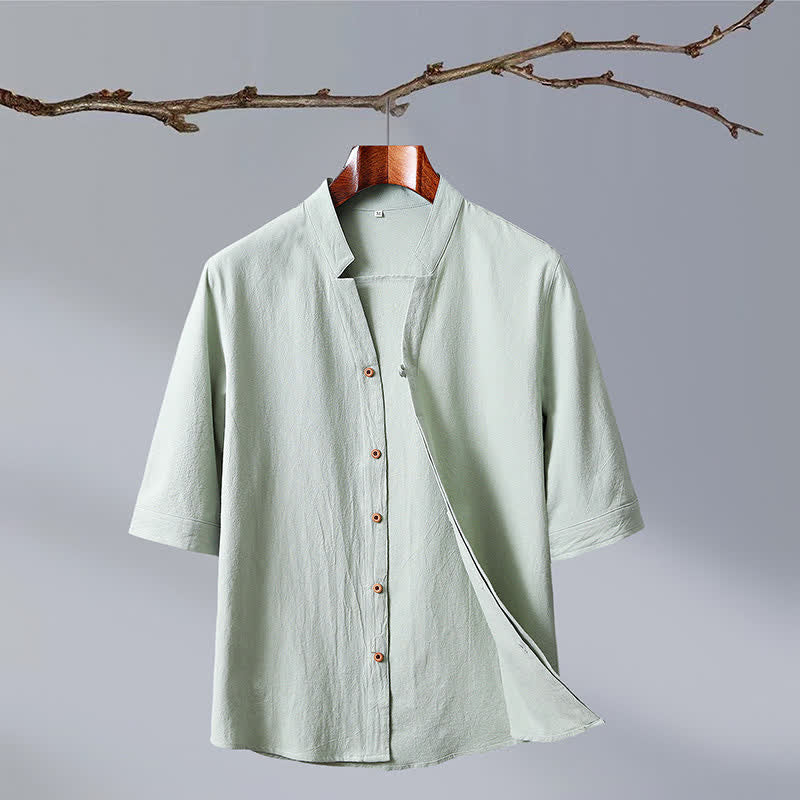 Buddha Stones Camisa de manga corta para hombre de algodón liso con cuello mandarín y botones, estilo Summer Tang. - Gotas de miel - US/UK/AU50, EU60 (7XL) - image 2