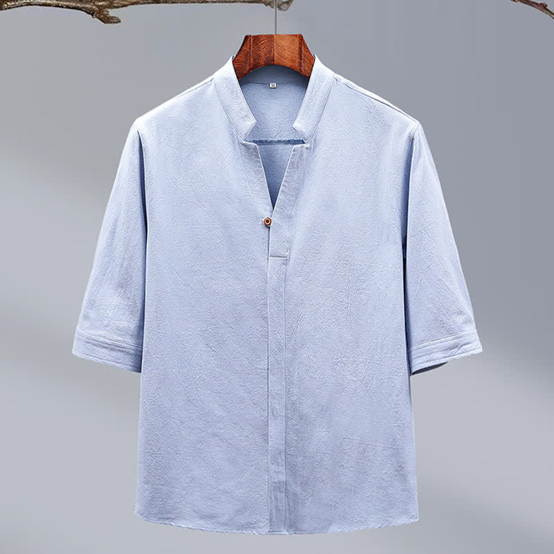 Buddha Stones Camisa de manga corta para hombre de algodón liso con cuello mandarín y botones, estilo Summer Tang. - image 4