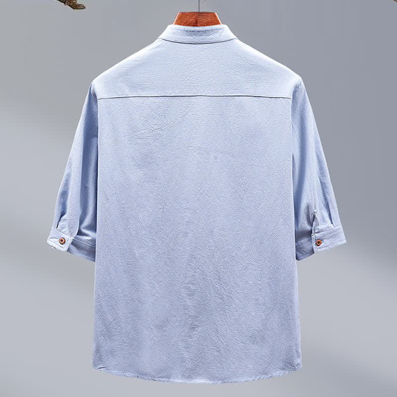 Buddha Stones Camisa de manga corta para hombre de algodón liso con cuello mandarín y botones, estilo Summer Tang. - image 5