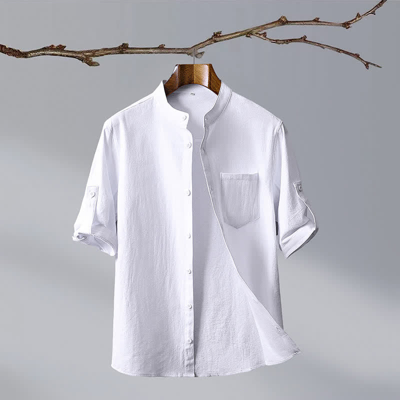 Buddha Stones Camisas de manga corta para hombre de algodón liso con cuello mandarín, estilo casual de verano y bolsillo de parche. - Blanco - US/UK/AU46, EU56 (5XL) - image 12