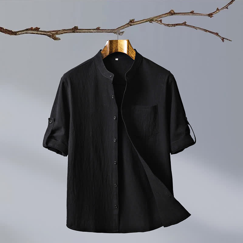 Buddha Stones Camisas de manga corta para hombre de algodón liso con cuello mandarín, estilo casual de verano y bolsillo de parche. - Negro - US/UK/AU46, EU56 (5XL) - image 11
