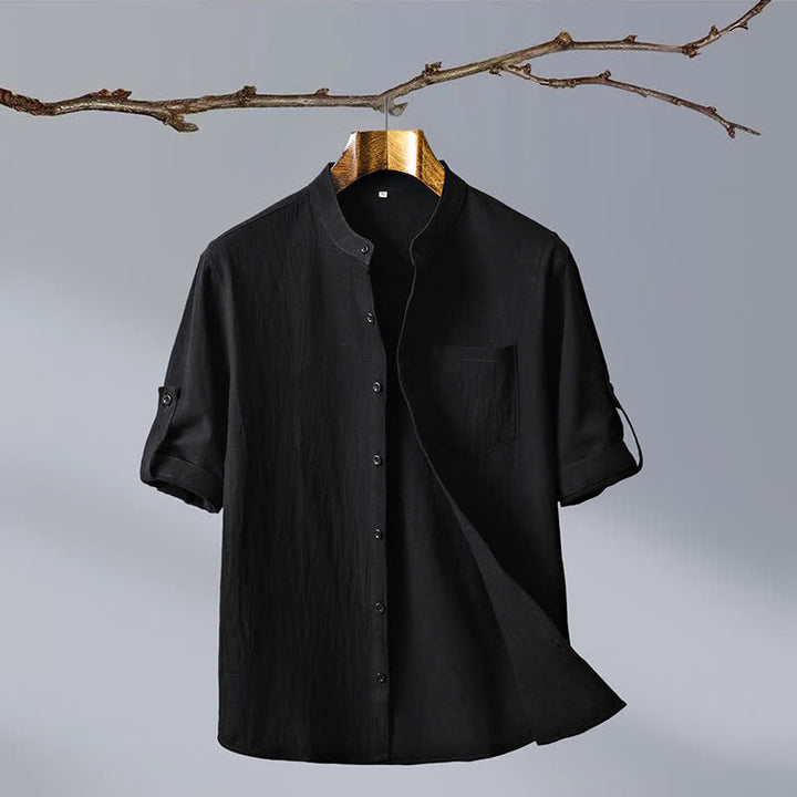 Buddha Stones Camisas de manga corta para hombre de algodón liso con cuello mandarín, estilo casual de verano y bolsillo de parche. - Negro - US/UK/AU46, EU56 (5XL) - image 11