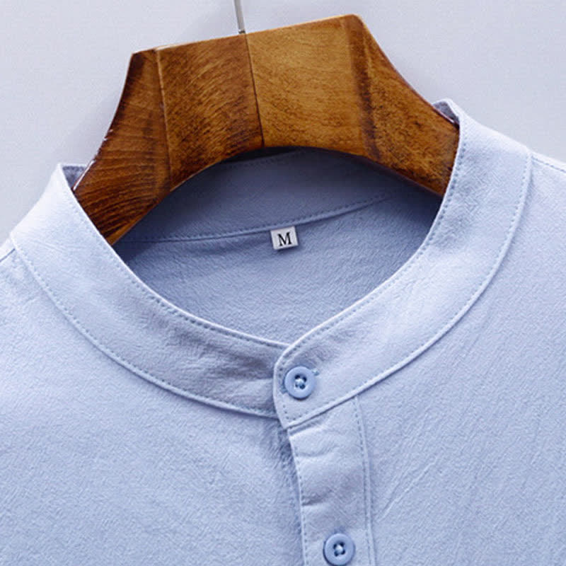 Buddha Stones Camisas de manga corta para hombre de algodón liso con cuello mandarín, estilo casual de verano y bolsillo de parche. - image 5