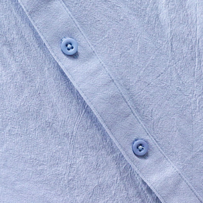 Buddha Stones Camisas de manga corta para hombre de algodón liso con cuello mandarín, estilo casual de verano y bolsillo de parche. - image 6