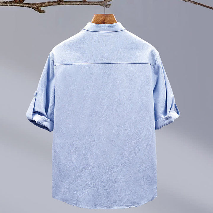 Buddha Stones Camisas de manga corta para hombre de algodón liso con cuello mandarín, estilo casual de verano y bolsillo de parche. - image 3