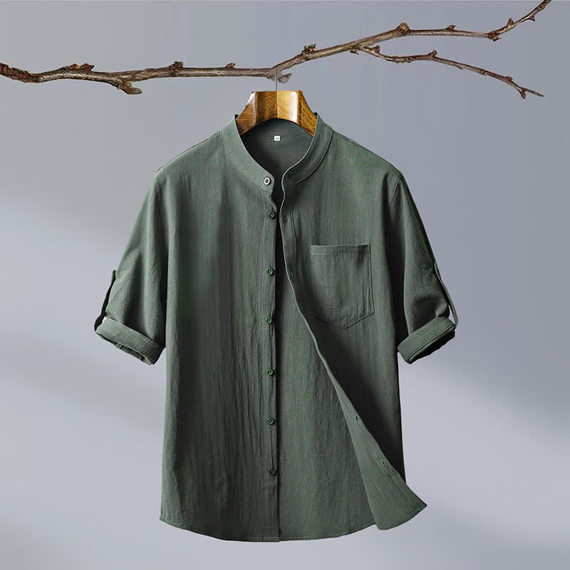 Buddha Stones Camisas de manga corta para hombre de algodón liso con cuello mandarín, estilo casual de verano y bolsillo de parche. - Verde oliva oscuro - US/UK/AU46, EU56 (5XL) - image 0