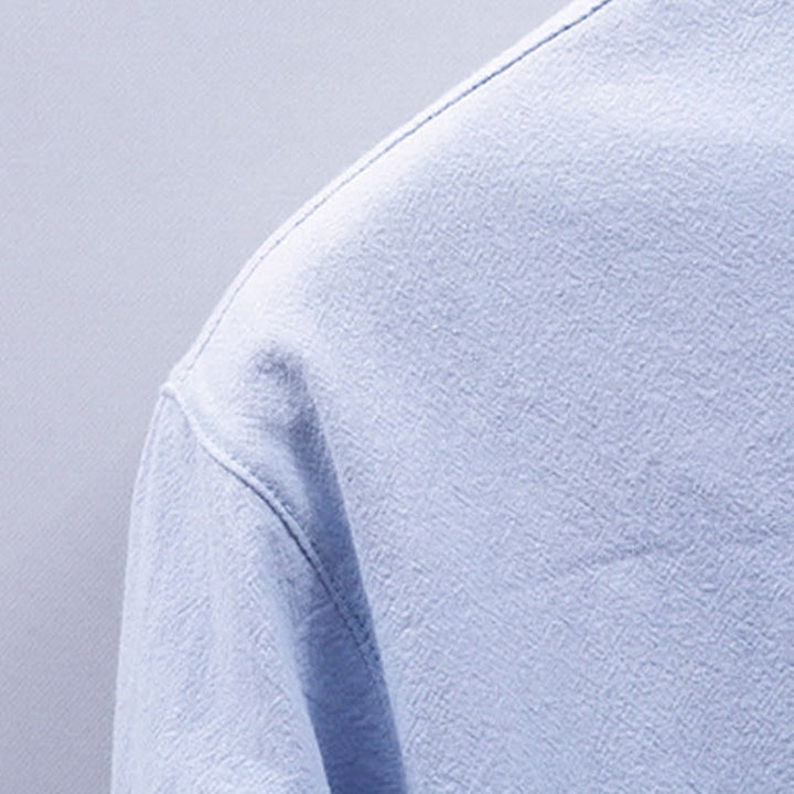 Buddha Stones Camisas de manga corta para hombre de algodón liso con cuello mandarín, estilo casual de verano y bolsillo de parche. - image 4