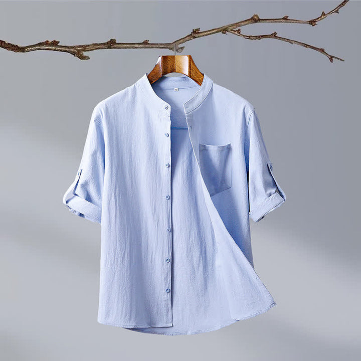 Buddha Stones Camisas de manga corta para hombre de algodón liso con cuello mandarín, estilo casual de verano y bolsillo de parche. - Azul claro - US/UK/AU46, EU56 (5XL) - image 1