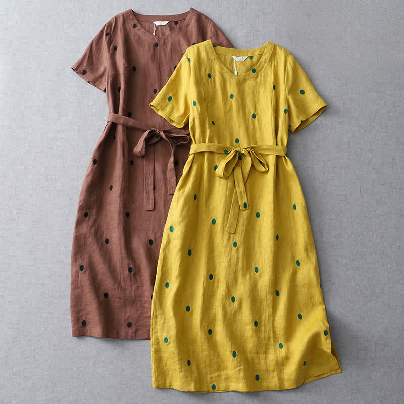 Buddha Stones Vestido de mujer de manga corta con estampado abstracto de lunares, estilo bohemio informal de verano, con cordón ajustable y bolsillo. - image 17