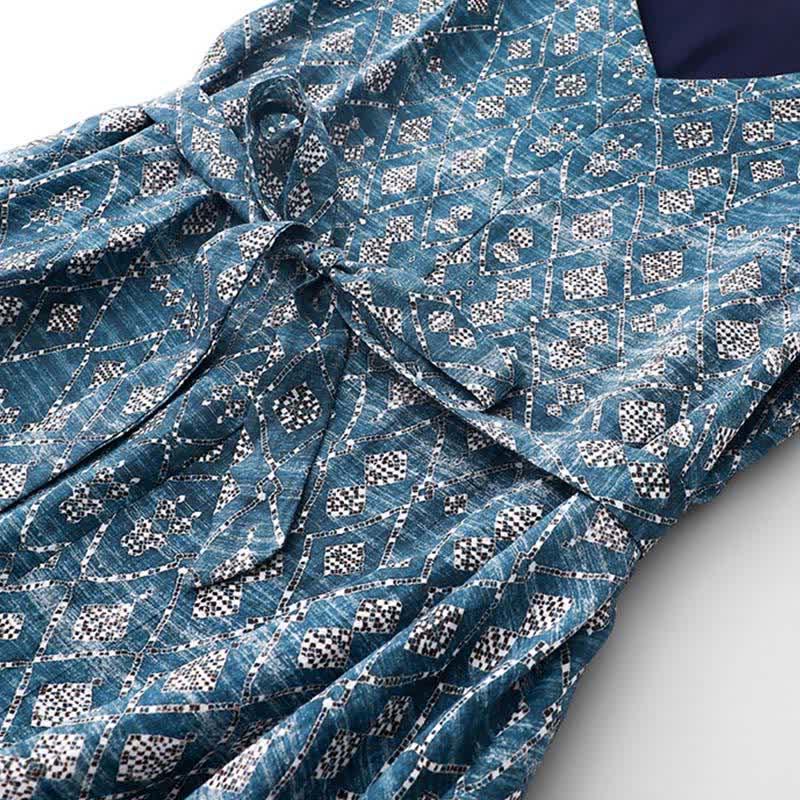 Buddha Stones Vestido de verano bohemio azul con cordón ajustable y estampado geométrico, sin mangas y bolsillos para mujer. - image 4