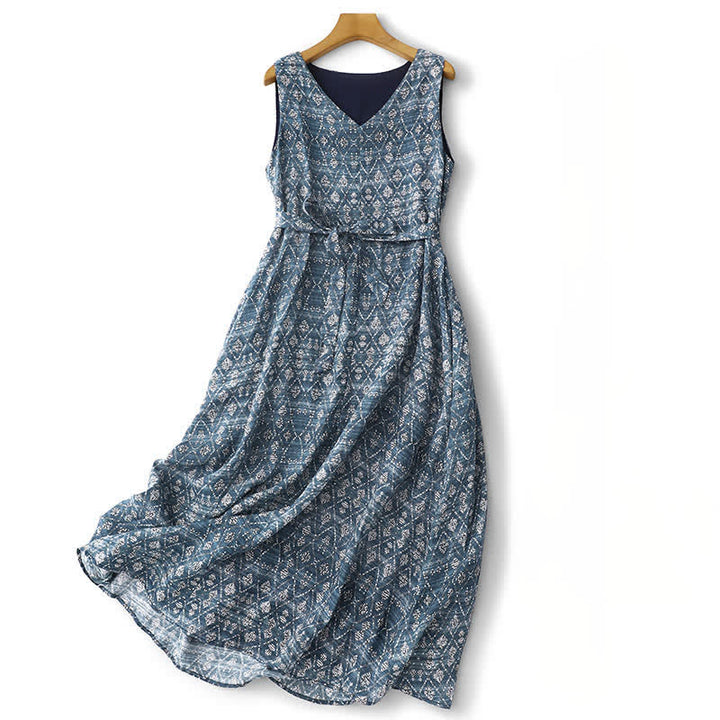 Buddha Stones Vestido de verano bohemio azul con cordón ajustable y estampado geométrico, sin mangas y bolsillos para mujer. - Azul cadete - US12, UK/AU16, EU44 (2XL) - image 0