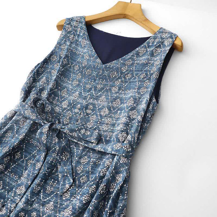 Buddha Stones Vestido de verano bohemio azul con cordón ajustable y estampado geométrico, sin mangas y bolsillos para mujer. - image 2