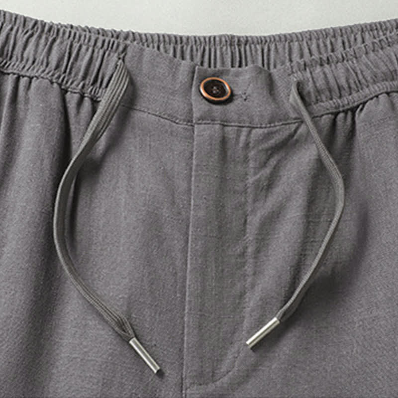 Buddha Stones Conjuntos de verano informales para hombre: camisa de manga corta lisa con cuello mandarín y pantalón con cordón ajustable. - image 15