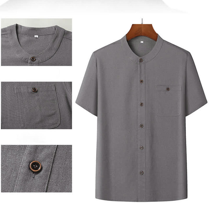 Buddha Stones Conjuntos de verano informales para hombre: camisa de manga corta lisa con cuello mandarín y pantalón con cordón ajustable. - image 5