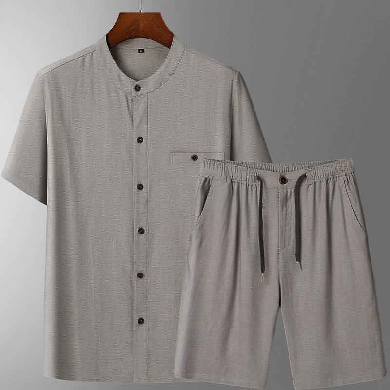 Buddha Stones Conjuntos de verano informales para hombre: camisa de manga corta lisa con cuello mandarín y pantalón con cordón ajustable. - Camisa gris claro + pantalones - US/UK/AU46, EU56 (5XL) - image 3
