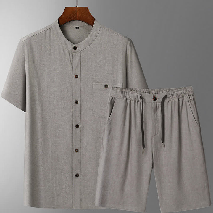 Buddha Stones Conjuntos de verano informales para hombre: camisa de manga corta lisa con cuello mandarín y pantalón con cordón ajustable. - Camisa gris claro + pantalones - US/UK/AU46, EU56 (5XL) - image 3