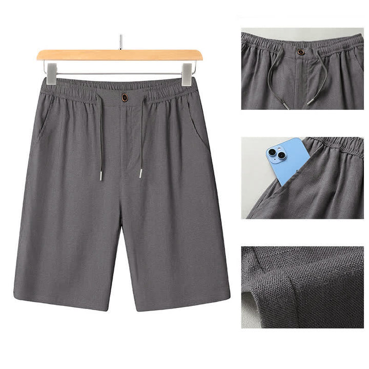 Buddha Stones Conjuntos de verano informales para hombre: camisa de manga corta lisa con cuello mandarín y pantalón con cordón ajustable. - image 14