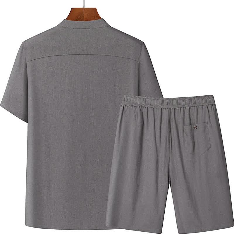 Buddha Stones Conjuntos de verano informales para hombre: camisa de manga corta lisa con cuello mandarín y pantalón con cordón ajustable. - image 2