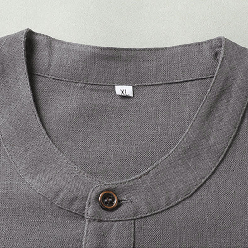 Buddha Stones Conjuntos de verano informales para hombre: camisa de manga corta lisa con cuello mandarín y pantalón con cordón ajustable. - image 6