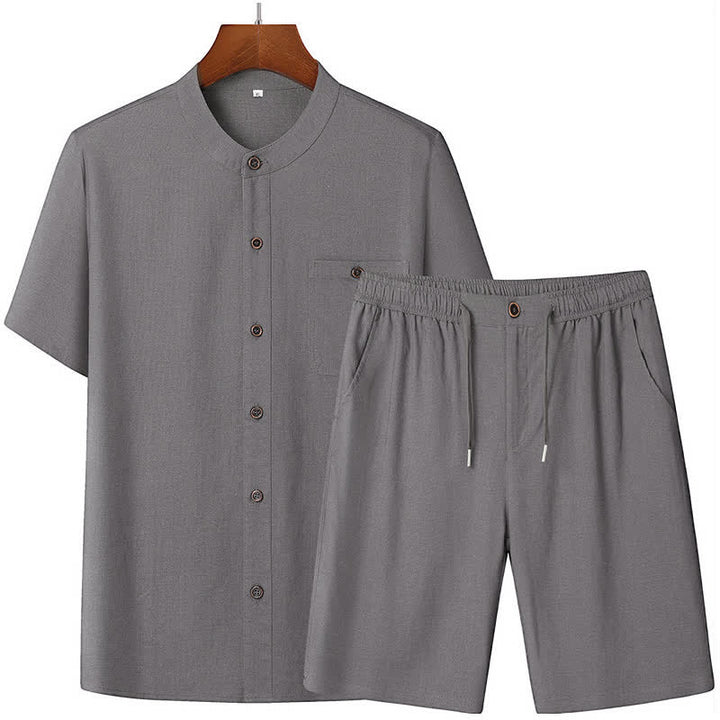 Buddha Stones Conjuntos de verano informales para hombre: camisa de manga corta lisa con cuello mandarín y pantalón con cordón ajustable. - image 1