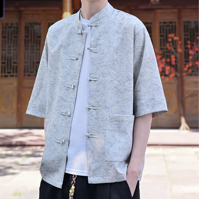 Buddha Stones Camisas de manga corta para hombre de estilo Summer Tang con cuello mandarín, botones de rana y bolsillo. - image 2