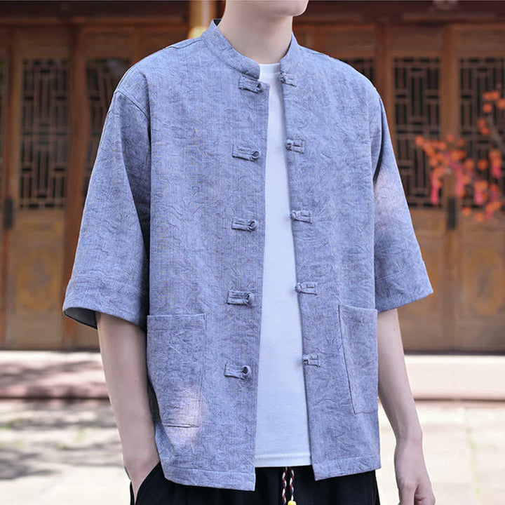 Buddha Stones Camisas de manga corta para hombre de estilo Summer Tang con cuello mandarín, botones de rana y bolsillo. - Azul aciano - US/UK/AU46, EU56 (5XL) - image 14