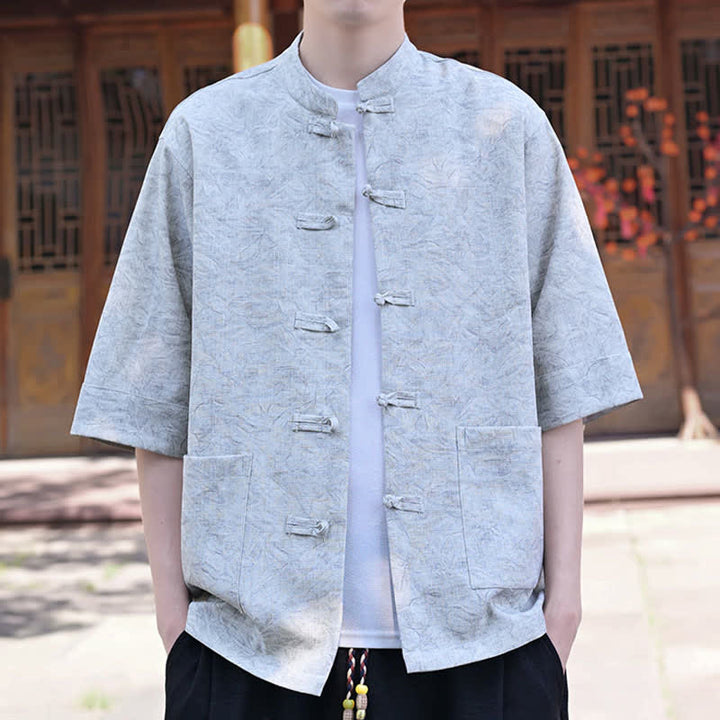 Buddha Stones Camisas de manga corta para hombre de estilo Summer Tang con cuello mandarín, botones de rana y bolsillo. - Azul claro - US/UK/AU46, EU56 (5XL) - image 0