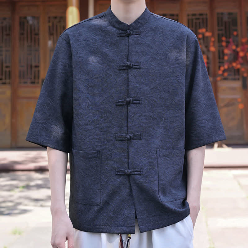 Buddha Stones Camisas de manga corta para hombre de estilo Summer Tang con cuello mandarín, botones de rana y bolsillo. - Azul medianoche - US/UK/AU46, EU56 (5XL) - image 7