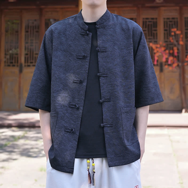 Buddha Stones Camisas de manga corta para hombre de estilo Summer Tang con cuello mandarín, botones de rana y bolsillo. - image 12