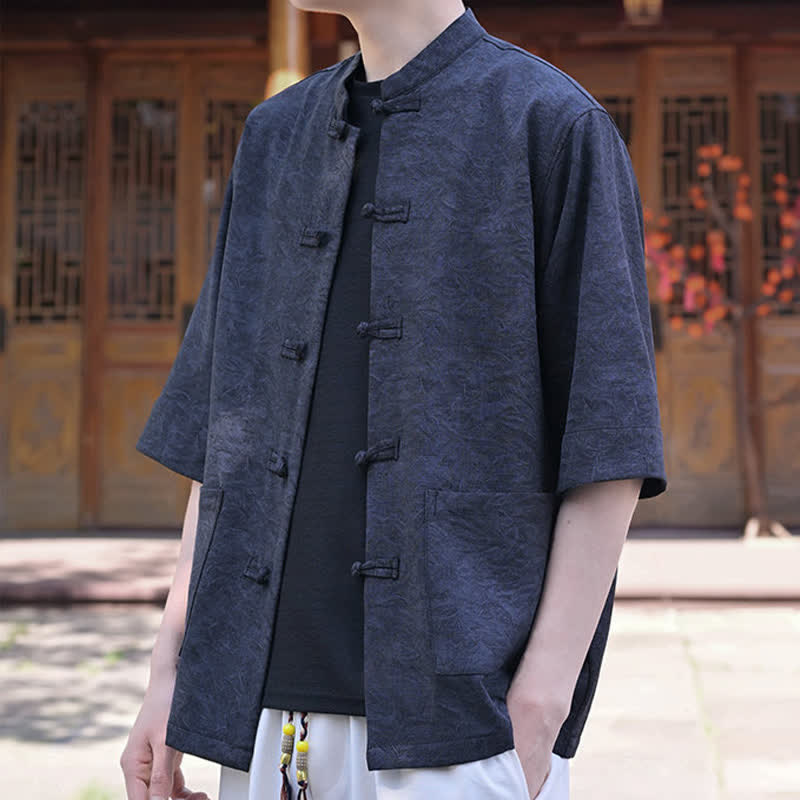Buddha Stones Camisas de manga corta para hombre de estilo Summer Tang con cuello mandarín, botones de rana y bolsillo. - image 10